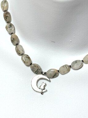 Tourmalinated Quartz Short Necklace, Gemstone & Silver Cat on the Moon